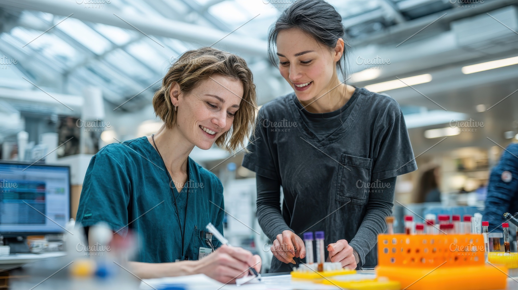 Two scientists collaborate on resear, a Photo by Pixeness Studio