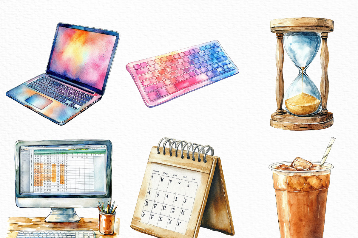Watercolor Office Time Clipart, an Illustration by Craft Nest (Photo 3 of 6)