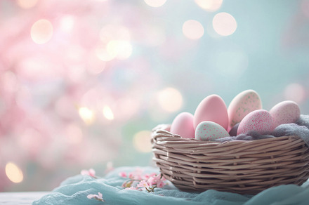 Beautiful pastel eggs in a basket, a Photo by Beautiful things