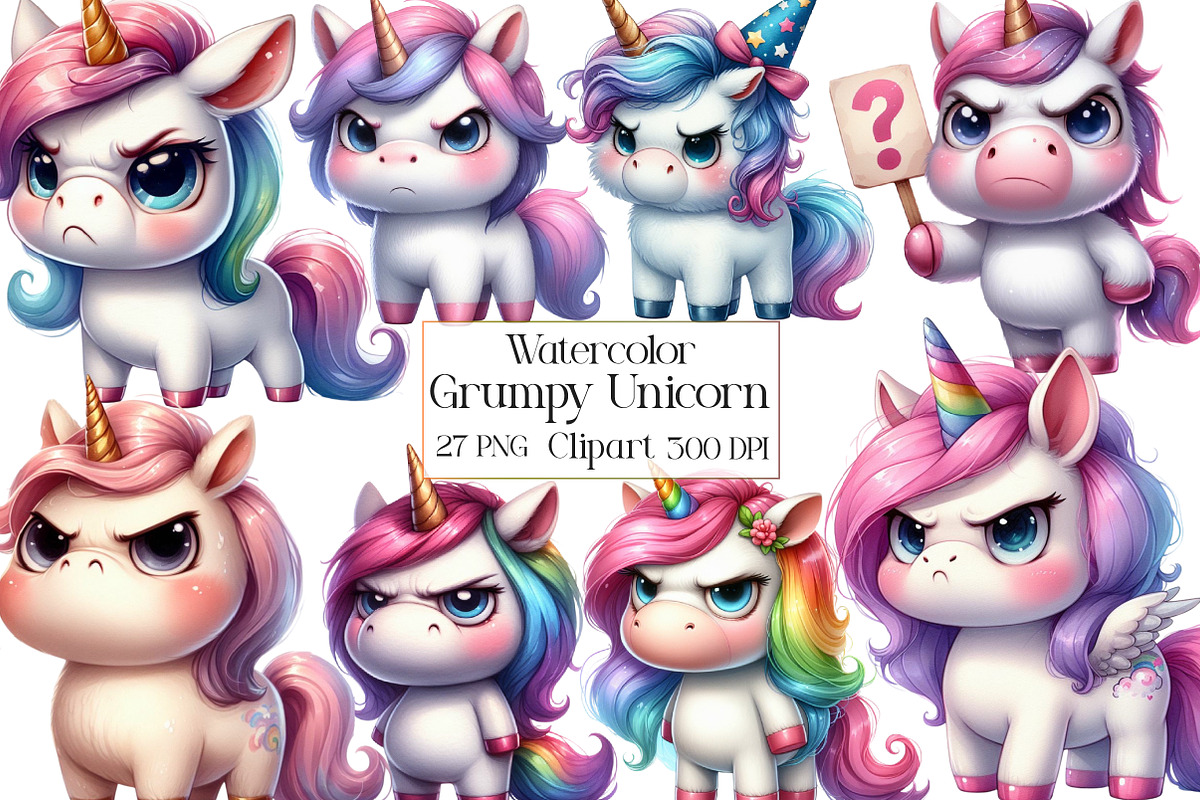 Watercolor Funny Grumpy Unicorn PNG, an Illustration by CraftArtStudio (Photo 1 of 5)