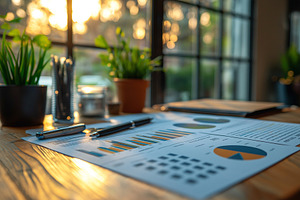 Business data analysis with graphs and charts in a warm, sunlit office setting., a Background Photo by ImageMir