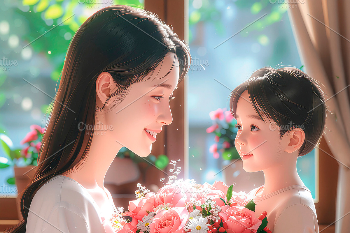Digital illustration of a son giving roses to her mother, a Person Illustration by DanFLCreativo