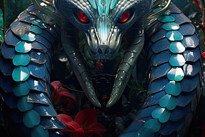 Fabulous dragon snake as a symbol of horror and danger, threatening a human bei