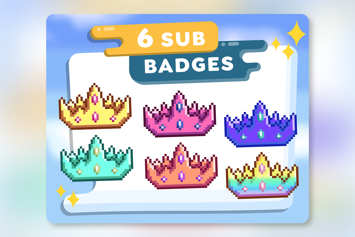 6x Pixel Crown Sub Badges/Emotes, an Illustration by Custom Fonts & Patterns (Photo 1 of 8)