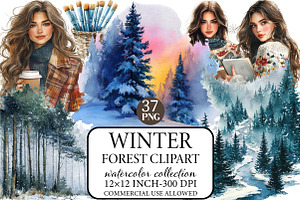 Watercolor Winter Forest Clipart, an Icon by Libby Wishes