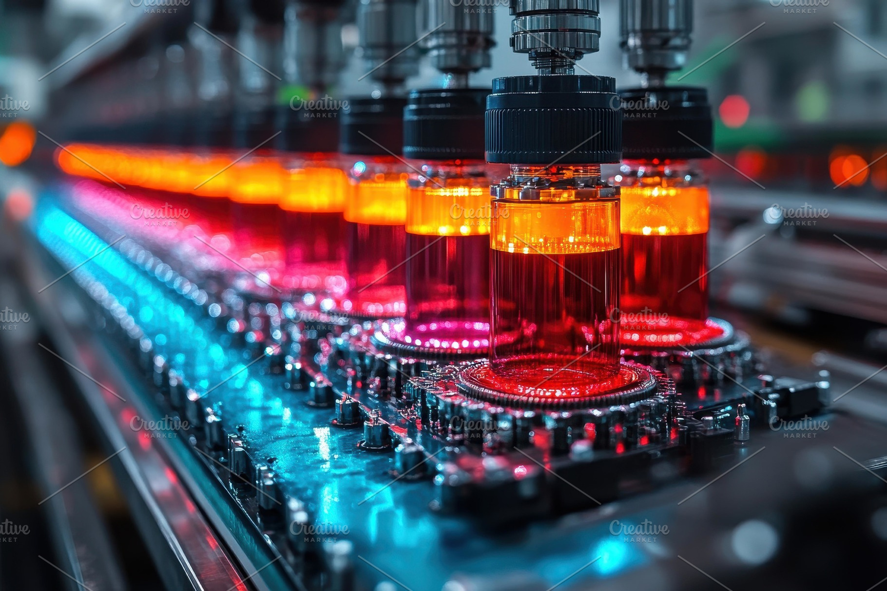 Production line for colorful beverag, a Photo by Tanuart