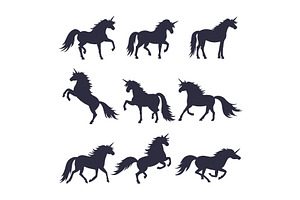 Mythology illustrations set of unicorns silhouette in different poses. Vector pictures of medieval black horses, an Animal Illustration by Onyx