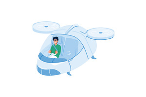 Man driving futuristic flying car, a Transportation Illustration by pikepicture