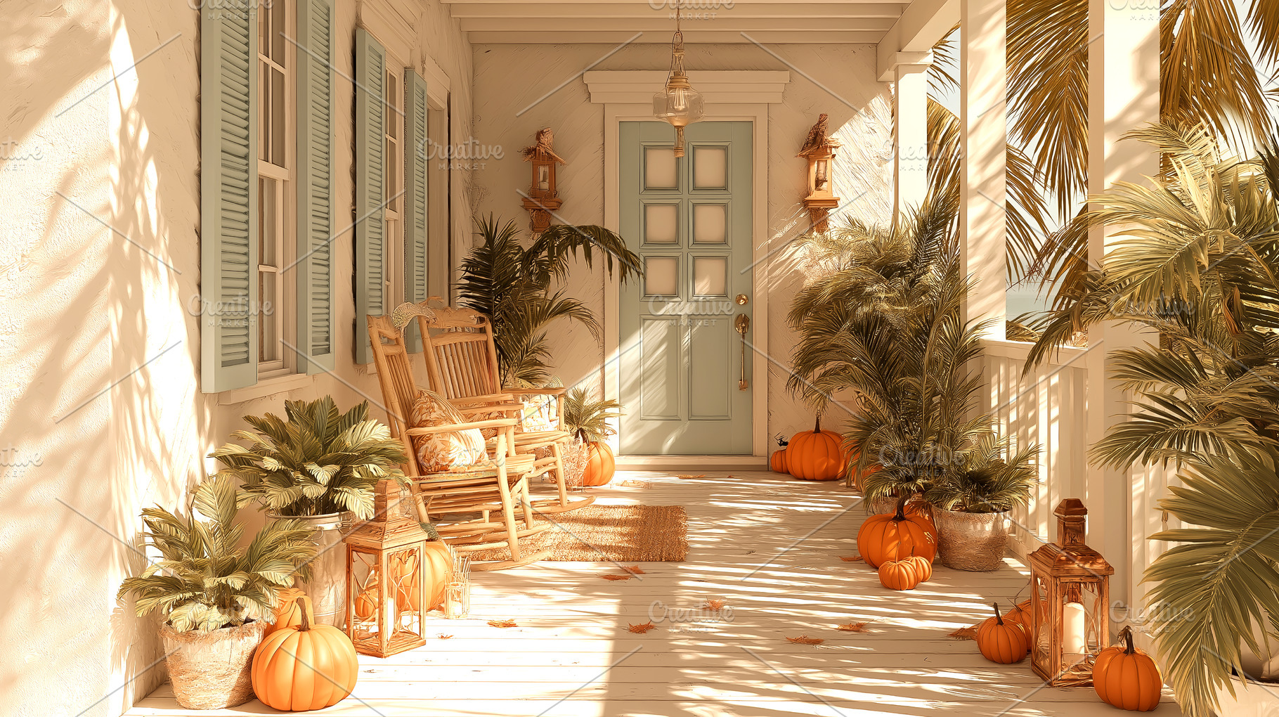 Serene Autumn Porch with Pumpkins, a Holiday Photo by Ocean Digital Art