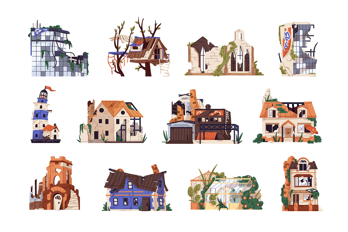 Destroyed city buildings, houses set, an Object Illustration by PaperTrident (Photo 1 of 13)