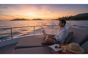 Man working on laptop while relaxing, a Holiday Photo by Igor Tichonow