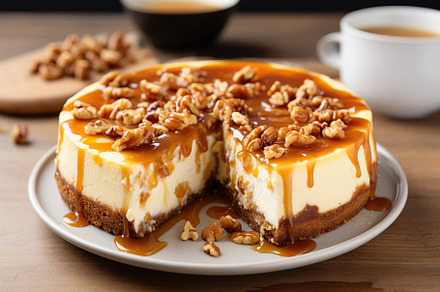 Cheesecake with caramel and nuts on wooden table, a Food & Drink Photo by AlyaAnd