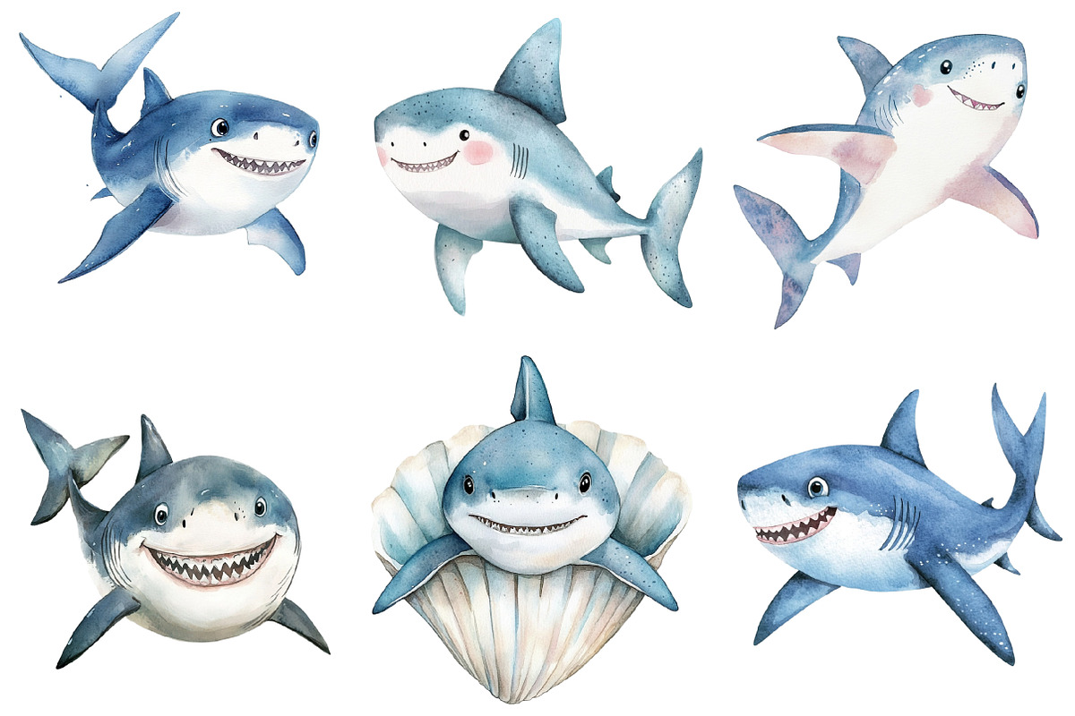 Watercolor Sharks Clipart PNG, an Illustration by SinaCreation (Photo 4 of 5)