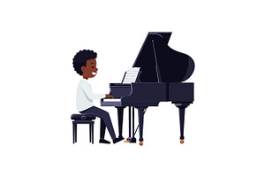 Young boy joyfully playing a grand p, an Illustration by designvectx
