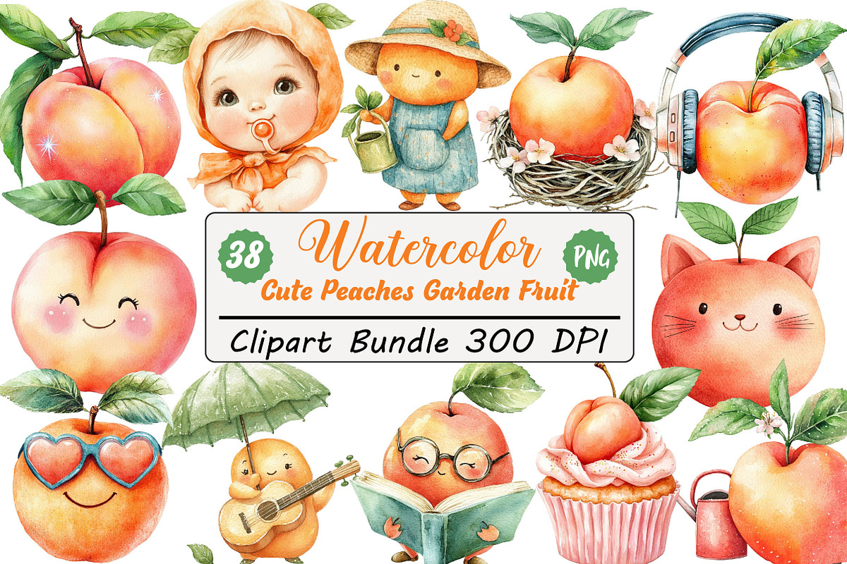 Watercolor Cute Peaches Garden Fruit, an Illustration by DreamCafeArt (Photo 1 of 8)