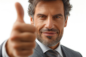 Confident middle-aged man with curly hair in a suit giving a thumbs up gesture., a Person Photo by ImageMir