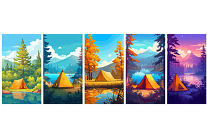 tents by the lake. yellow tent, an Illustration by Stock-Smart-Start