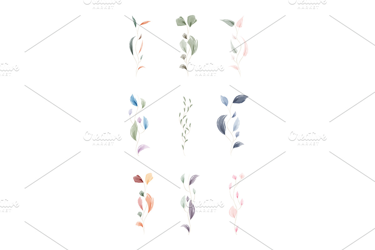 Nine elegant watercolor leaf sprigs, an Illustration by okskukuruza