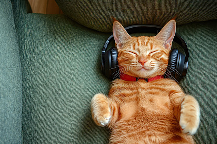Cat enjoys a relaxing afternoon on green sofa with headphones on, an Animal Photo by AlyaAnd