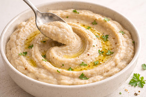 Bowl of creamy hummus swirl with oli, a Photo by Dvoevnore photos