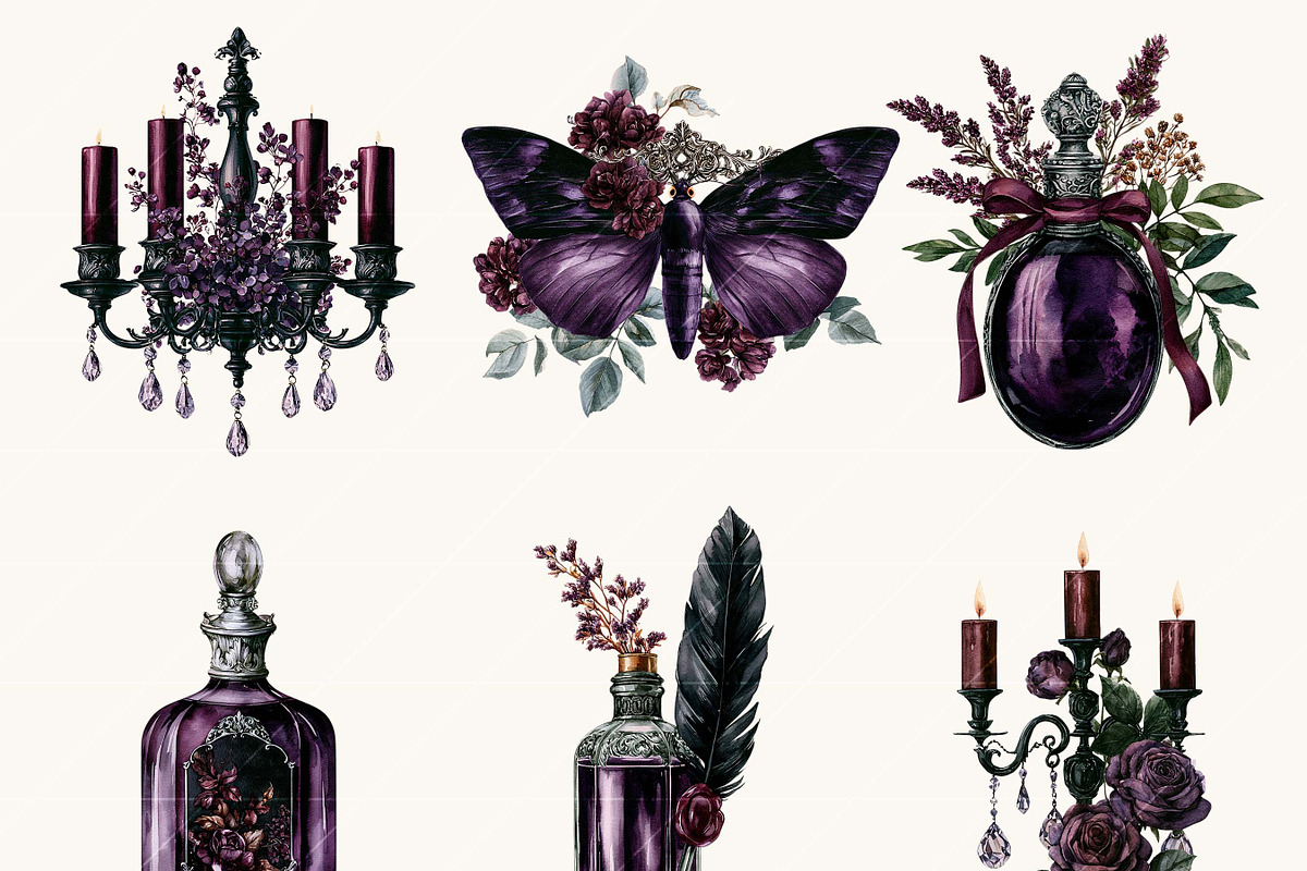 Dark Floral Watercolor Clipart, a Decorative Illustration by BusyDaydesign (Photo 6 of 9)