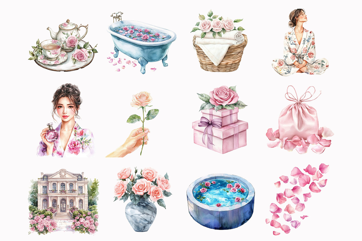 Watercolor Rose Relaxation Clipart, an Illustration by Design Market (Photo 2 of 4)