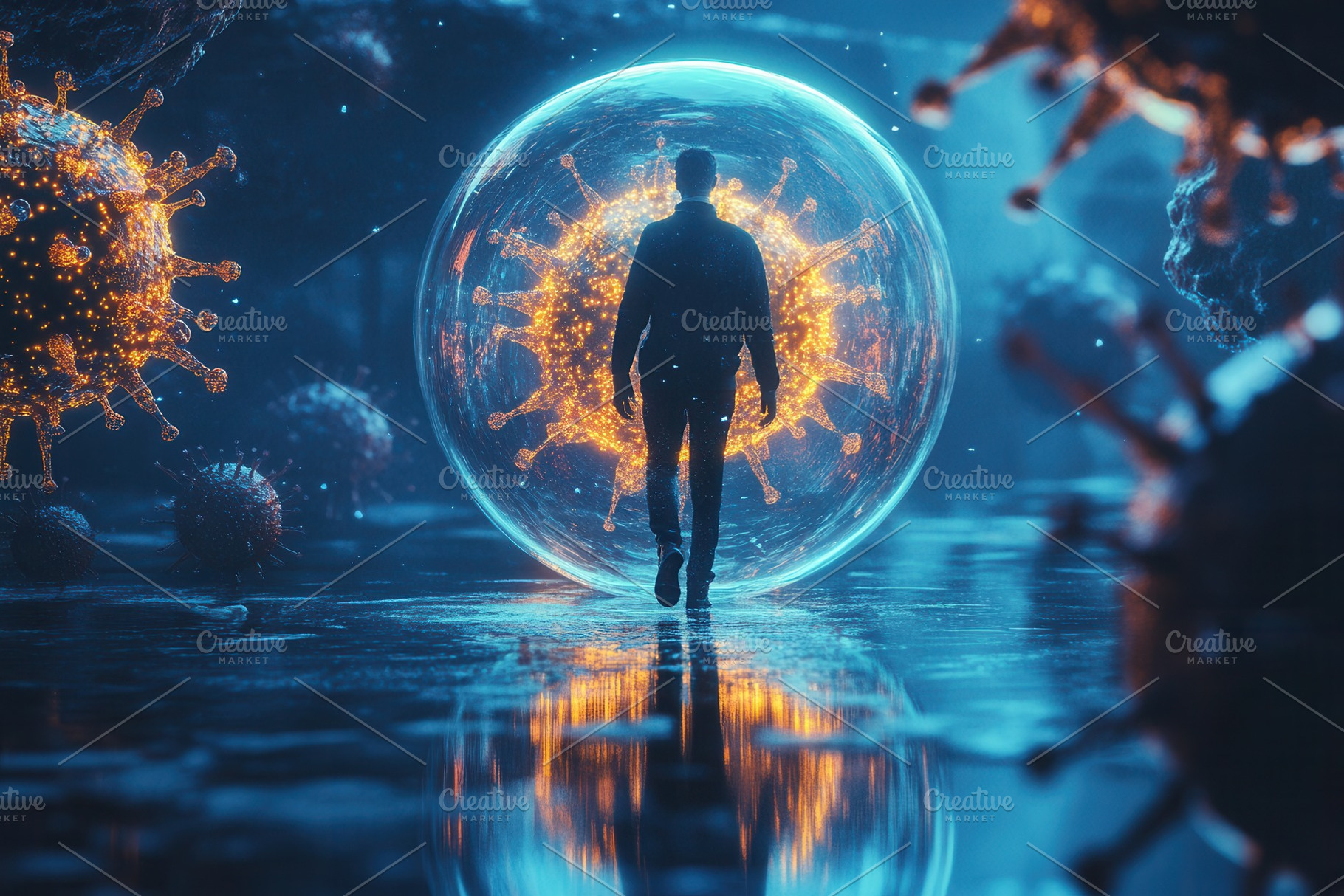 Virus particles surround man walking, a Photo by Pavel_design