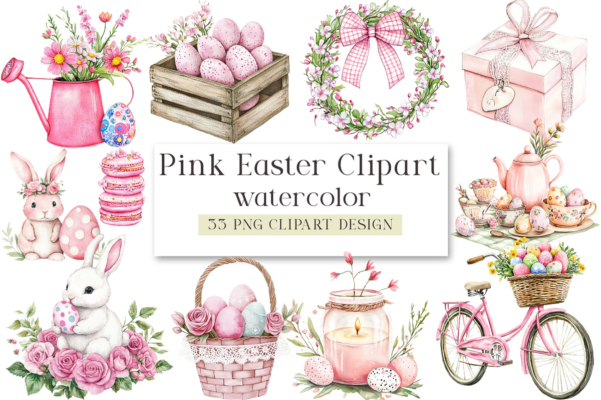 Pink Easter Watercolor Clipart Bundl, an Illustration by DreamArtGraphic (Photo 1 of 4)