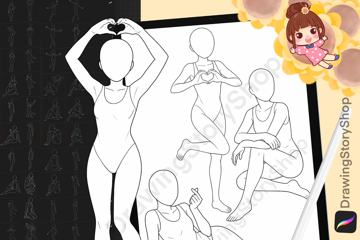 Procreate female poses brushes stamp, a Brush Add-On by DrawingStoryShop