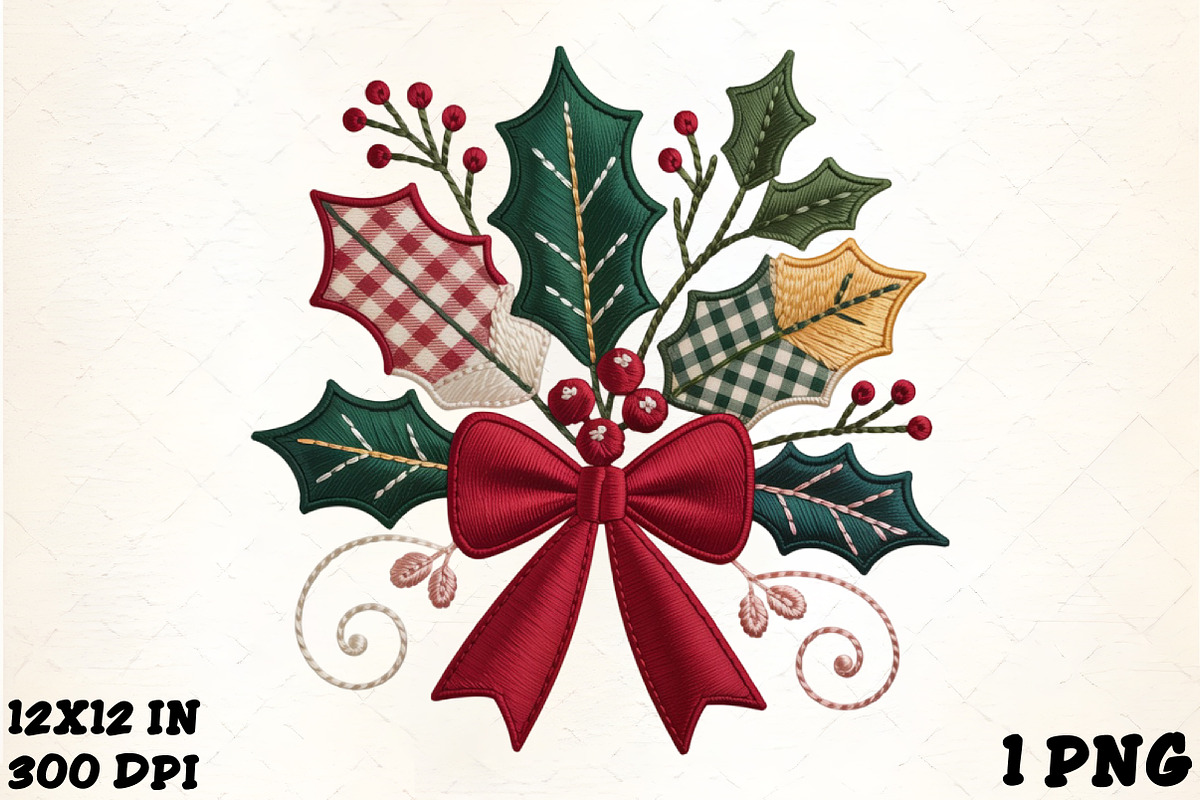 Faux Embroidery Christmas Holly PNG, an Illustration by CrexoraLab
