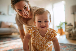 Young mother supports toddler in taking first steps at home during sunny aftern, a Person Photo by AlyaAnd