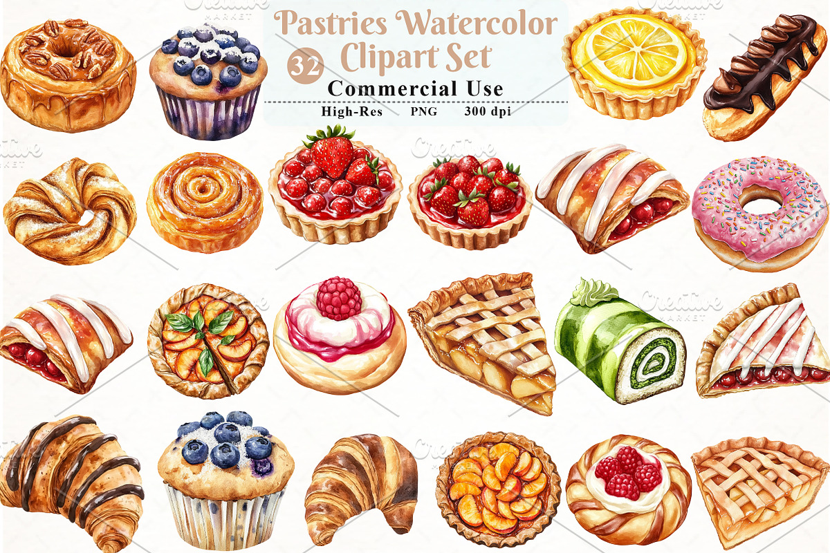 Pastries Watercolor Clipart Set, an Illustration by Watercolor design (Photo 1 of 12)