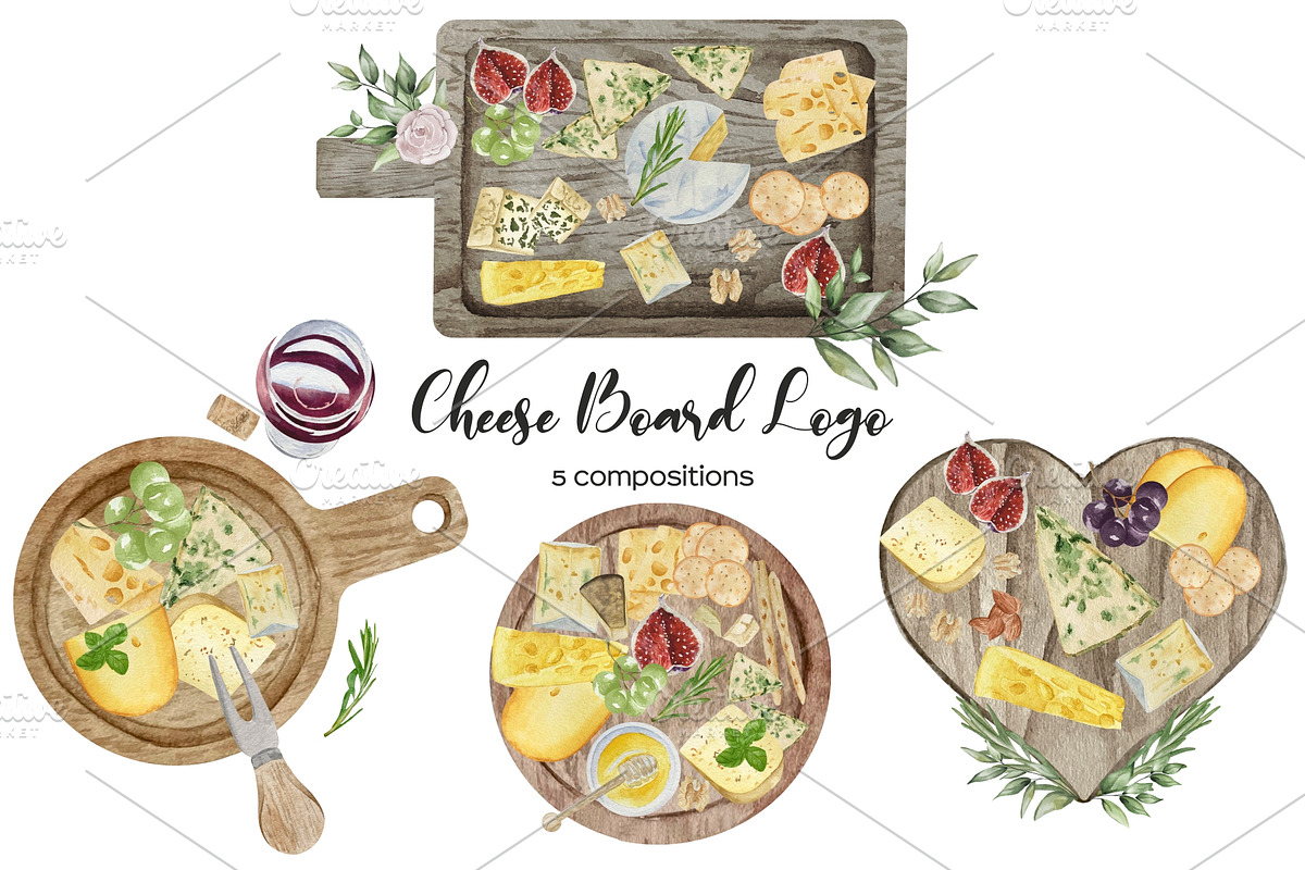 Watercolor Cheese Board Logo, an Illustration by Art and Funny (Photo 1 of 5)