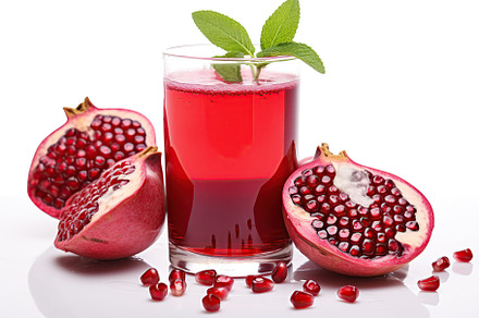 Glass of fresh pomegranate juice with mint leafs isolated on white background, a Food & Drink Photo by AlyaAnd