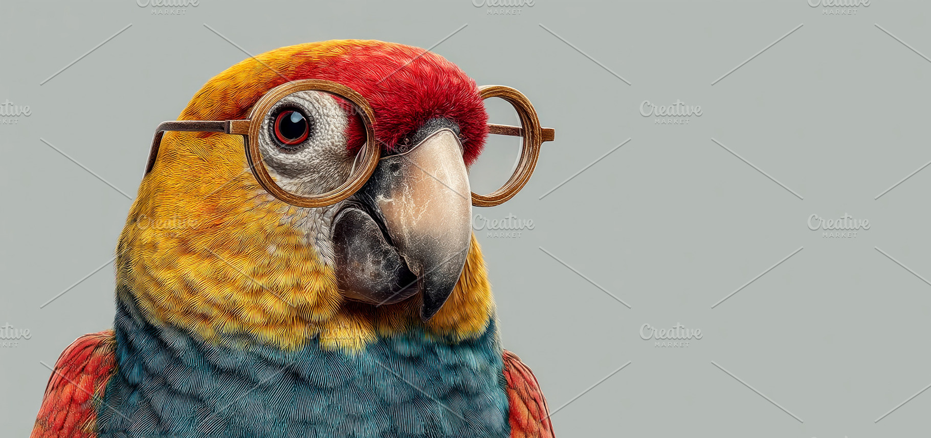 Colorful parrot wearing round glasses close up portrait vibrant, an Animal Photo by José Manuel Gelpi