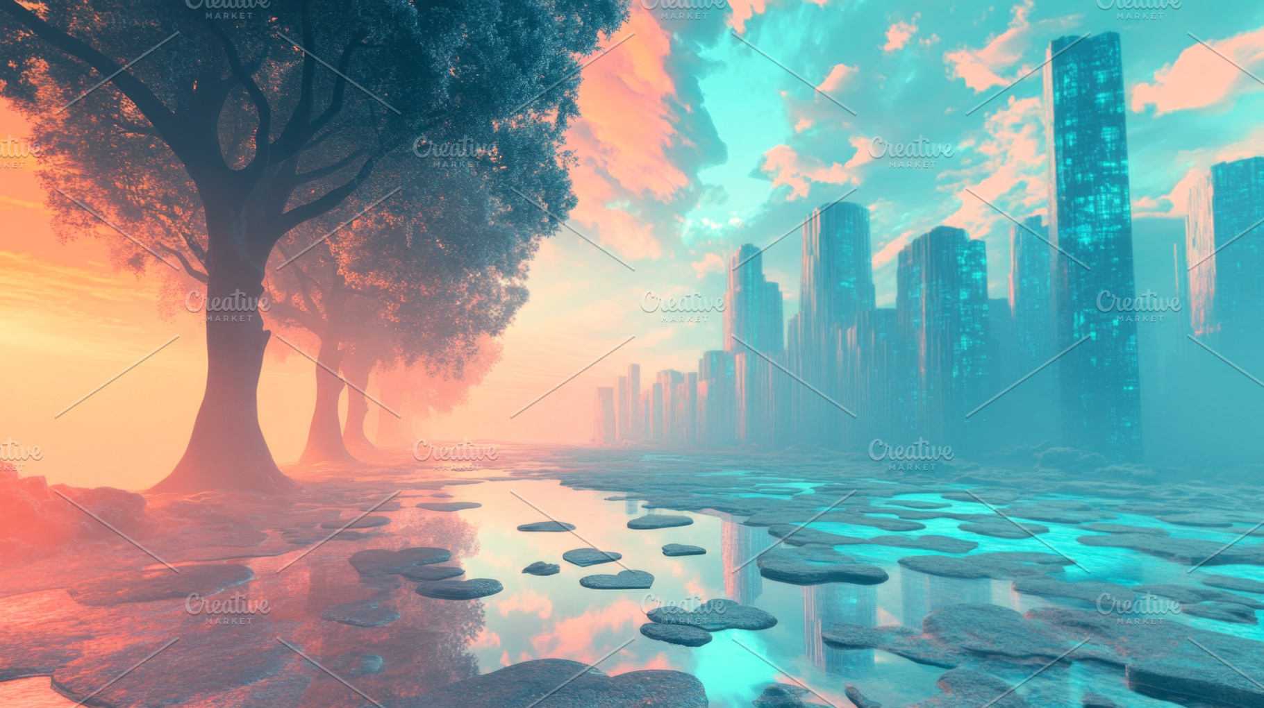 Surreal Cityscape with Trees and Floating Hearts, an Abstract Photo by Natalia Klenova's Shop