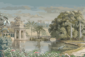 Serene Vintage Landscape Mural, a Decorative Illustration by Mughal Wallpaper