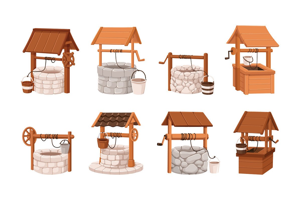 Old water wells with buckets set, an Object Illustration by Good Studio (Photo 1 of 6)