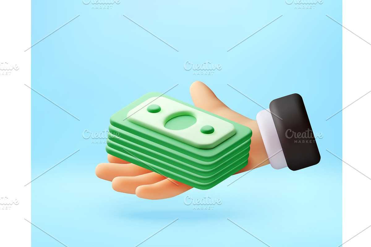 3D Hand holding stack of green paper, a Finance Illustration by Abscent