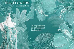 TEAL FLOWERS Seamless Patterns