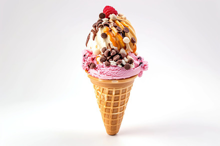 Colorful ice cream with sprinkles in waffle cone on white background, a Food & Drink Photo by AlyaAnd