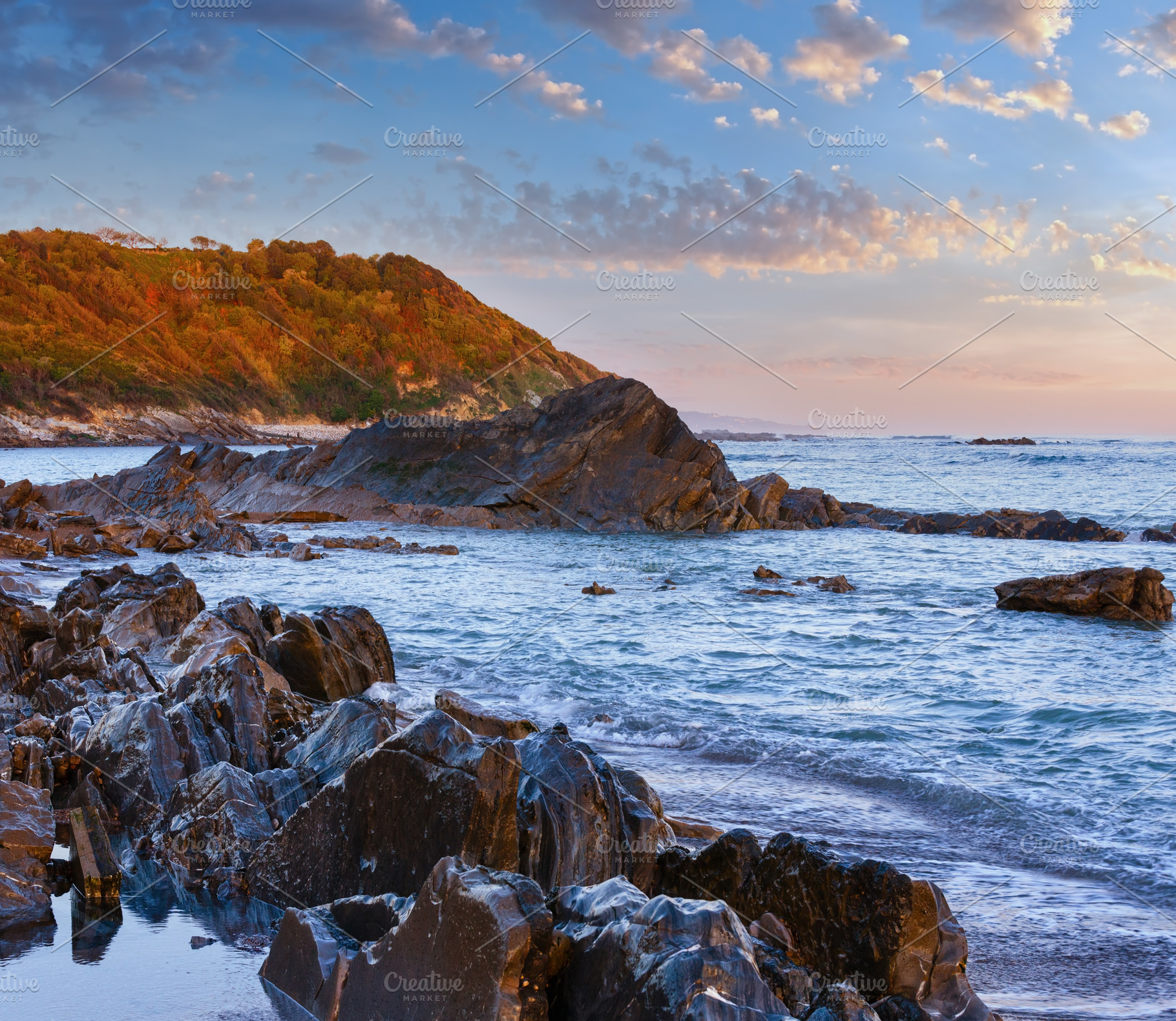Sunrise ocean view from beach (Bay of Biscay)., a Nature Photo by YuriyB