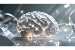 Glowing white brain model with, an Illustration by tilialucida