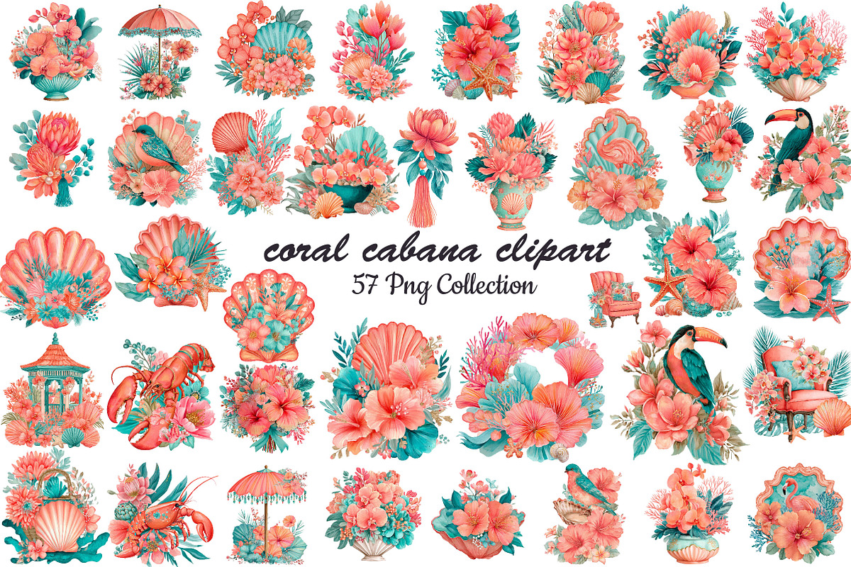 coral cabana watercolor clipart, an Object Illustration by DreamCafeArt (Photo 1 of 6)