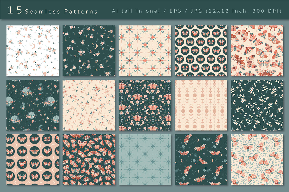 Moon Garden pattern & clipart, a Pattern Graphic by @olga.angelloz (Photo 2 of 16)