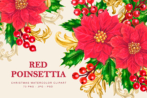 Red Poinsettia, Christmas watercolor