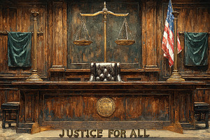 Symbolic depiction of a courtroom emphasizing justice and equality for all, a Photo by AS photostudio