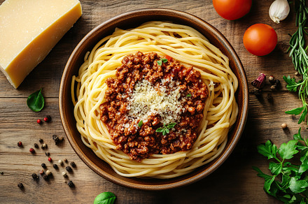 Spaghetti bolognese with ground beef in plate, a Food & Drink Photo by AlyaAnd