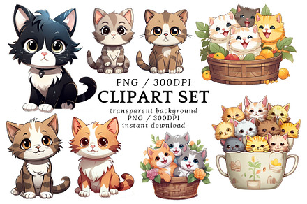 10 Kawaii Kittens Cats Clip Art, an Animal Illustration by Inknfolly
