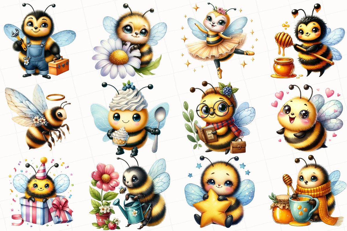 Watercolor Bumble Bee Clipart, an Illustration by OK Design (Photo 3 of 5)